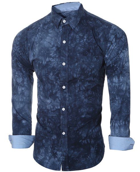 Chemise à Motif Tie-Dye Abstrait à Col Chemise à Manches Longues avec Une Poche pour Homme - Bleu XL
