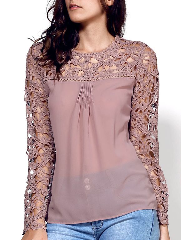 Stylish Scoop Neck Long Sleeve Lace Embroidery Spliced Women's Blouse - Kaki S