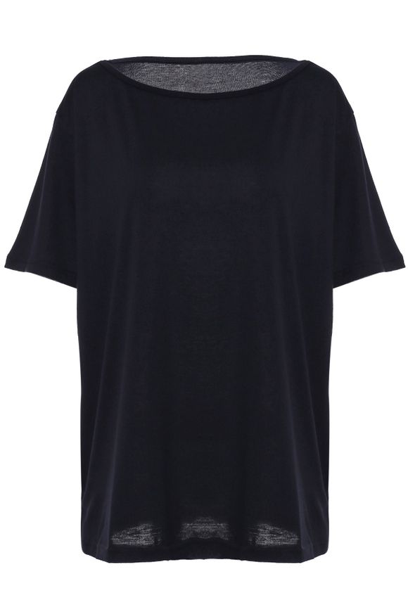 T-shirt Femme en Couleur Solide à Manches Courtes à Épaule Oblique - Noir XL