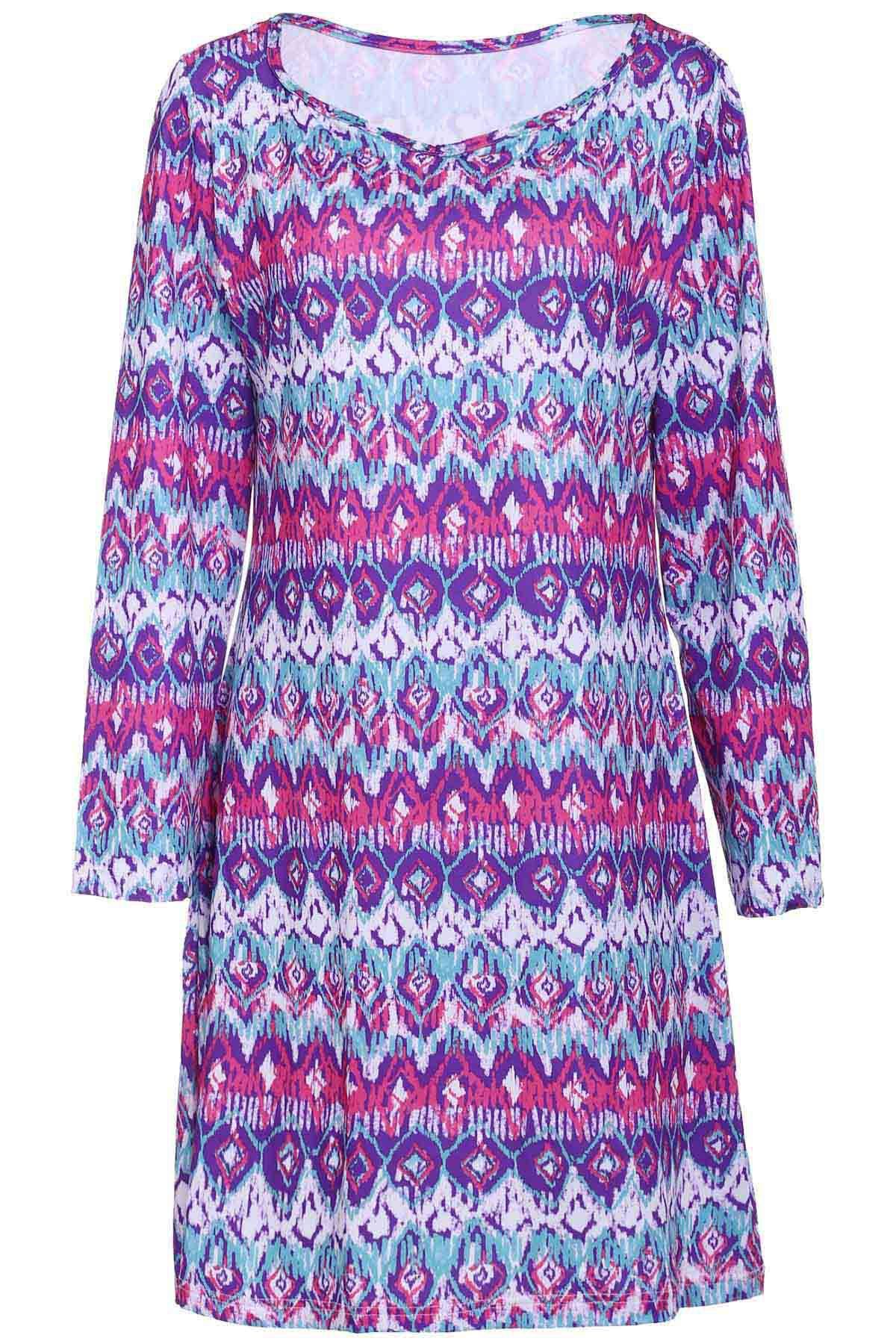 

Chic V Neck Long Sleeves Plus Size Printed Women's Dress, Colormix
