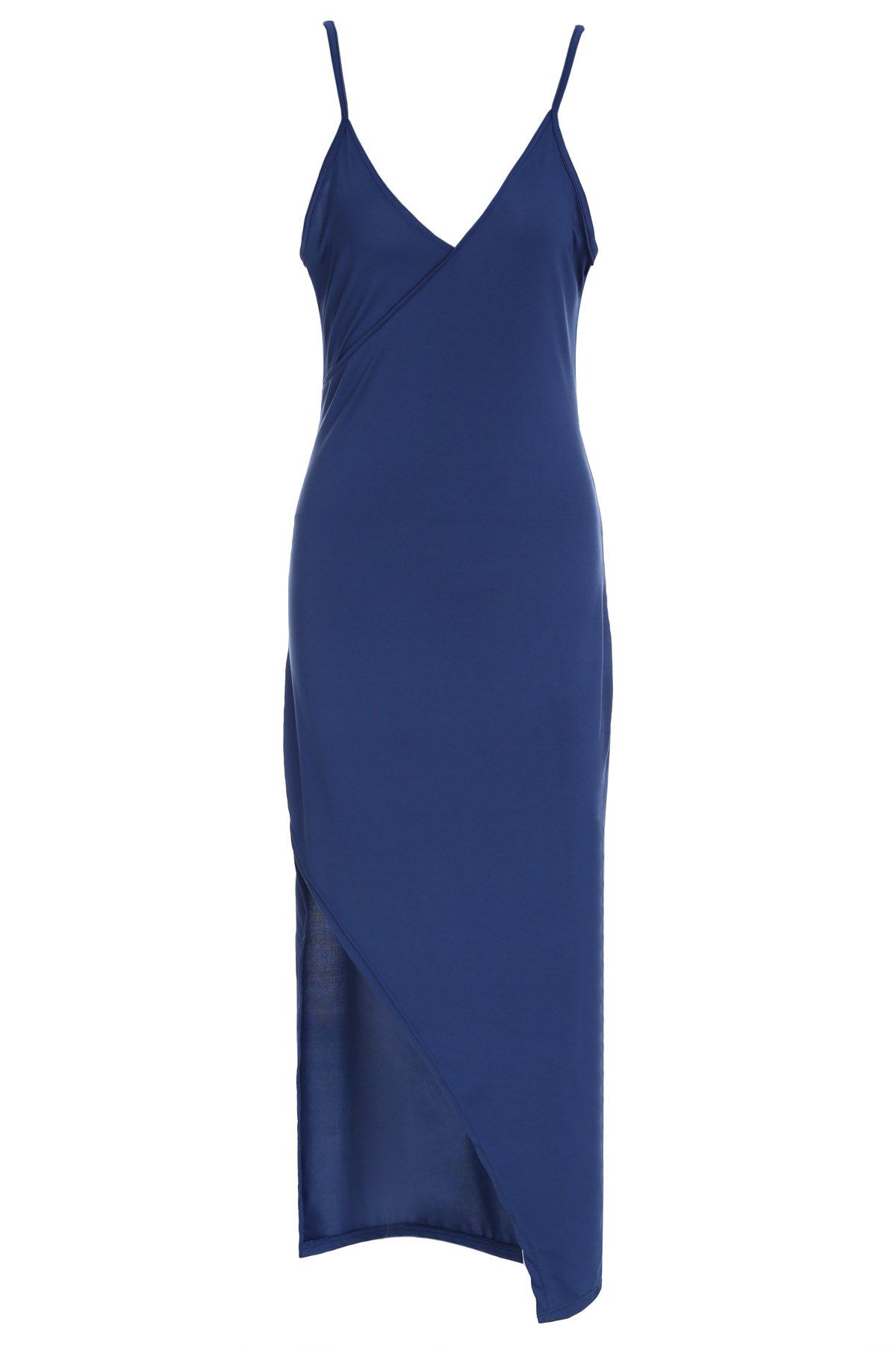 

Sexy Solid Color Spaghetti Strap High Slit Sleeveless Dress For Women, Cadetblue