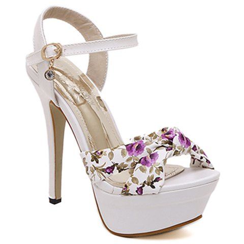 Trendy Stiletto Heel and Floral Print Design Women's Sandals - Pourpre 38