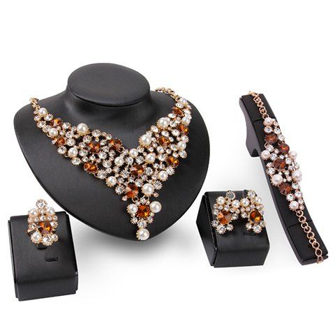 Un costume de Superbe Faux collier de perles strass Bracelet Bague et boucles d'oreilles pour les femmes - d'or ONE-SIZE