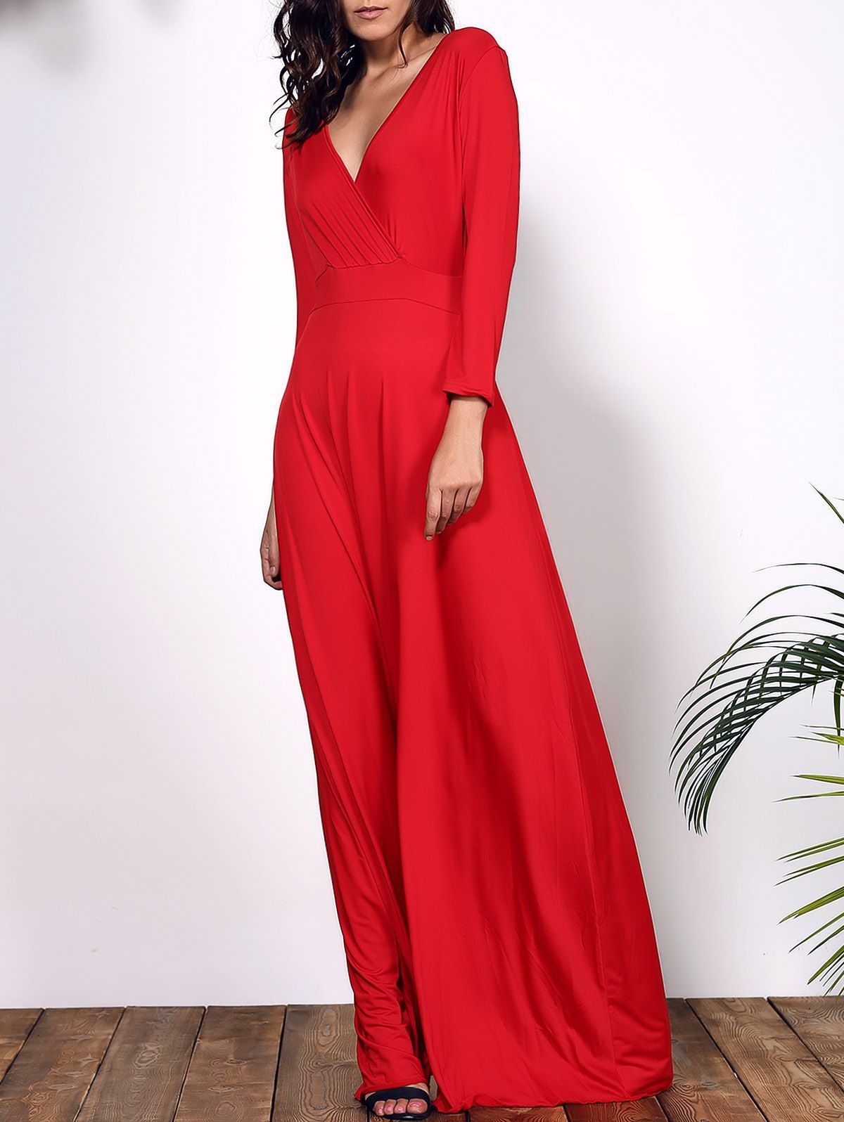 

Women's Plunging Neckline 3/4 Sleeve Plus Size Solid Color Dress, Red