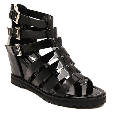 Stylish Patent Leather and Buckles Design Women's Sandals - Noir 38