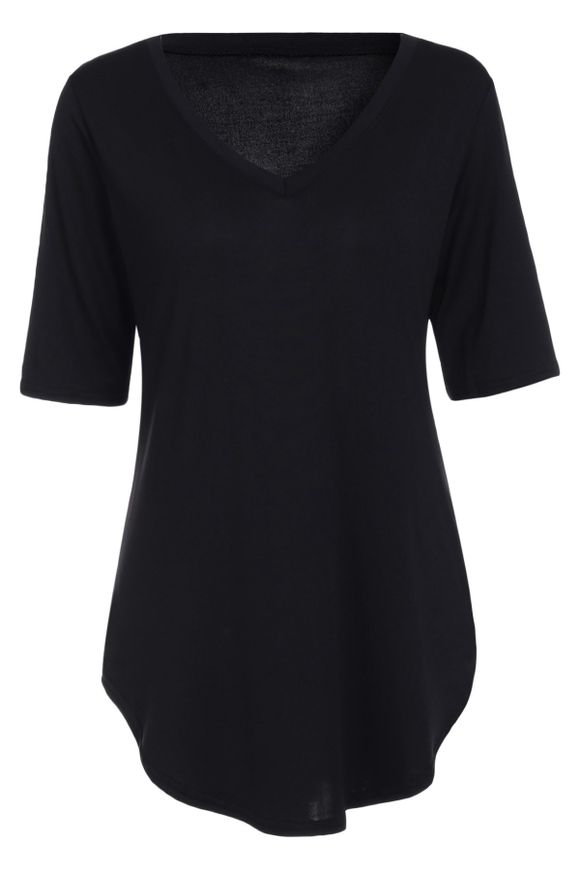 Casual asymétrique à manches courtes col en V T-shirt des femmes de couleur unie - Noir L