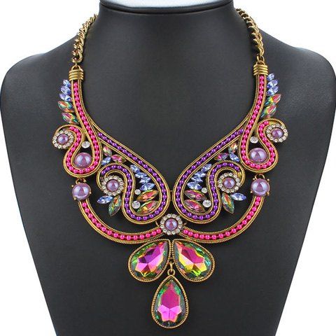 Retro Artificial Crystals Rhinestones Beads Teardrop Necklace For Women - multicolore 