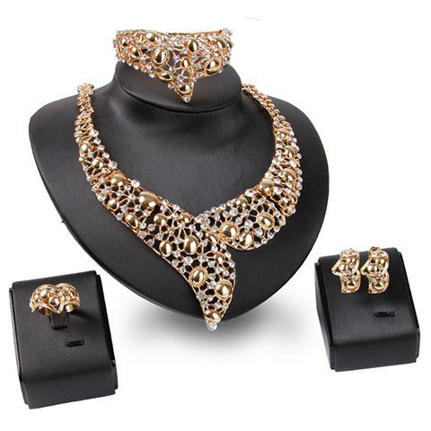 A Suit of Chic Rhinestoned Necklace Bracelet Ring and Earrings For Women - d'or ONE-SIZE
