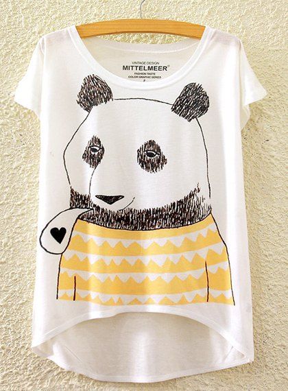 Scoop Neck Panda Imprimer Cute Femmes Haut Bas T-shirt à manches courtes - Blanc ONE SIZE(FIT SIZE XS TO M)