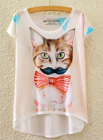 Cute Women's Scoop Neck Kitten Print High Low Short Sleeve T-Shirt - Blanc ONE SIZE(FIT SIZE XS TO M)