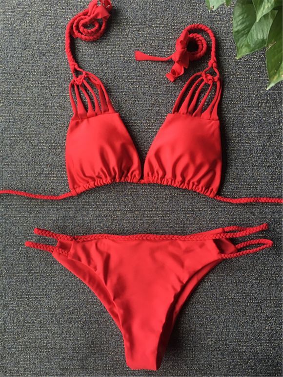 Ensemble Bikini en Crochet Attractive en Couleur Solide pour Femme - Rouge S