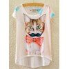 Cute Women's Scoop Neck Kitten Print High Low Short Sleeve T-Shirt - Blanc ONE SIZE(FIT SIZE XS TO M)