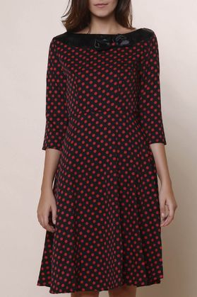 Vintage Polka Dot Print Slash Neck Bowknot Design 3/4 Sleeve Midi Dress For Women
