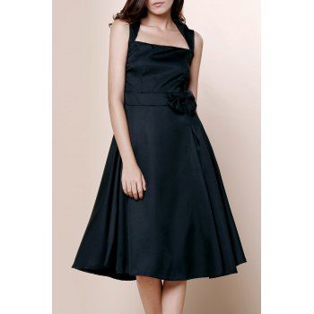 

Summer Vintage Turn-Down Collar Sleeveless Bowknot Embellished Rockabilly Style Midi Dress, Black