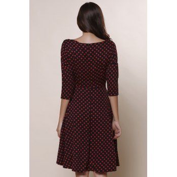 

Vintage Polka Dot Print Slash Neck Bowknot Design 3/4 Sleeve Midi Dress For Women, Wine red