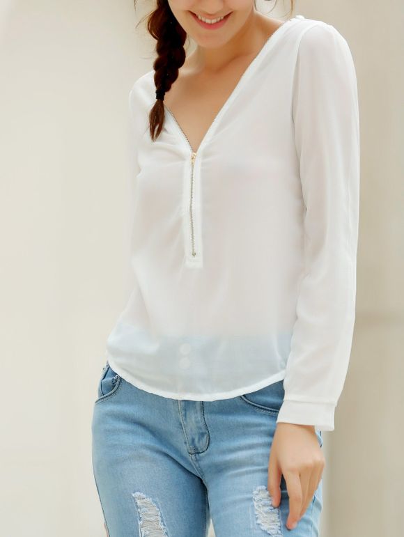 Élégant col en V à manches longues Zipper Solid Design blouse de mousseline de soie femmes de couleur - Blanc S