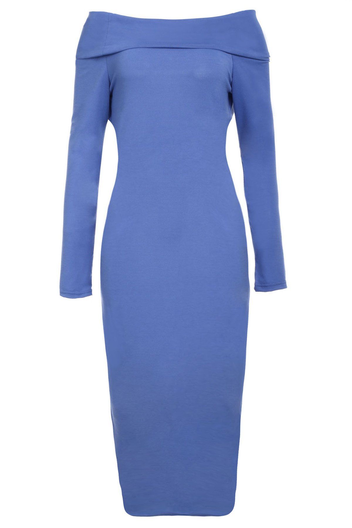 Sexy Off-The-Shoulder Long Sleeve Bodycon Solid Color Women's Dress - BLUE S