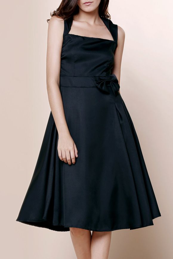 Vintage col rabattu manches bowknot Solide Agrémentée robe des femmes de couleur - Noir M