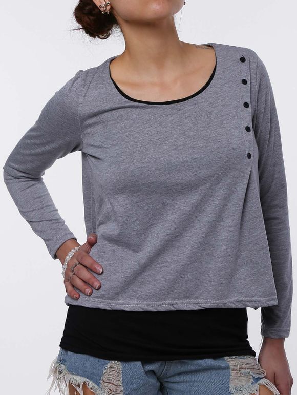 Stylish Faux Twinset Design Scoop Neck Long Sleeve T-Shirt For Women - LIGHT GRAY M