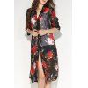 Fashionable Women's Collarless Floral Print 3/4 Sleeve Slit Blouse - Rouge L