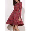 Vintage Women's Round Neck Long Sleeve Plaid Self-Tie Dress - RED XL