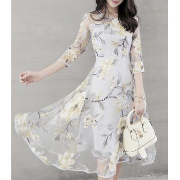 [17% OFF] 2024 Chic Voile Spliced 3/4 Sleeve Jewel Neck Flower Dress ...