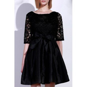 

Elegant Round Neck Half Sleeve Bowknot Embellished Hollow Out Women's Dress, Black