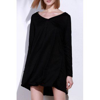 

V-Neck Long Sleeve Loose Mini Dress, Black