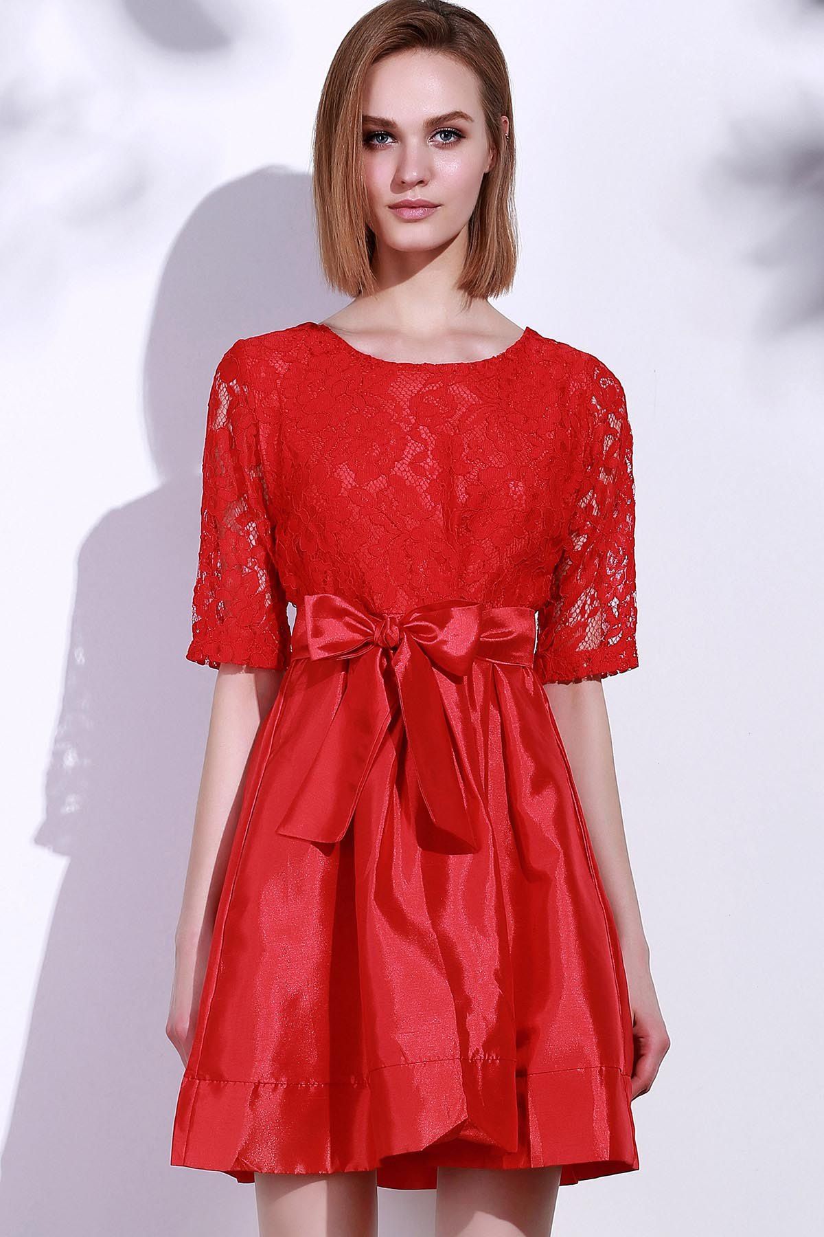 Elegant Round Neck Half Sleeve Bowknot Embellished Hollow Out Women's Dress 