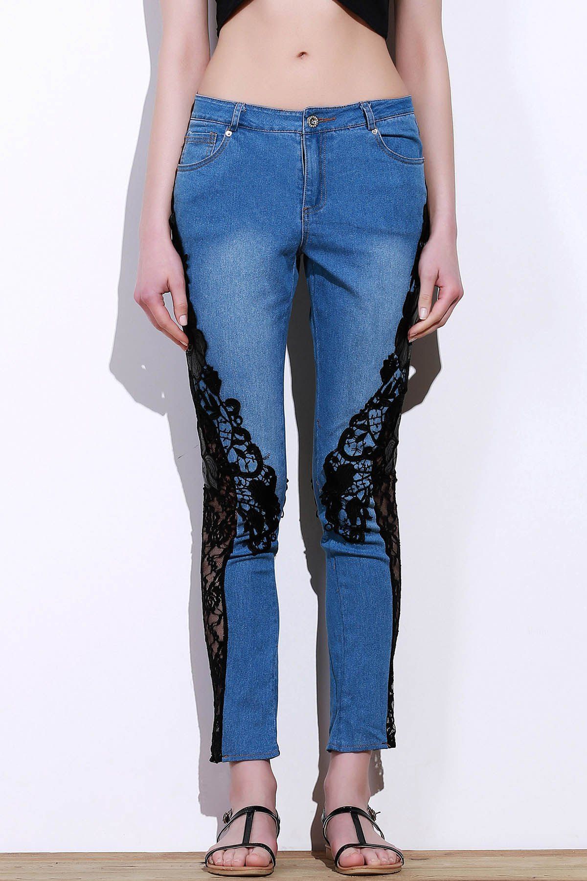 Stylish Mid-Waisted See-Through Lace Embellished Women's Jeans 