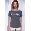 Casual Short Sleeve Scoop Neck Happy Print Women's T-Shirt - GRAY S