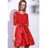 Elegant Round Neck Half Sleeve Bowknot Embellished Hollow Out Women's Dress - RED L