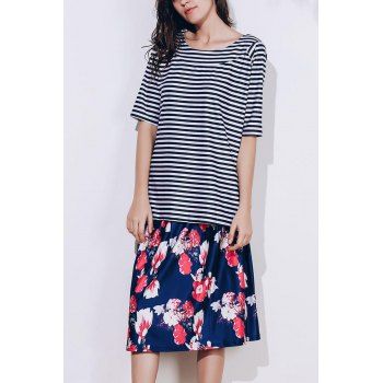 

Stylish Scoop Neck Striped T-Shirt and Floral Printed Skirt Twinset For Women, Colormix