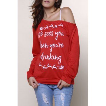 

Stylish Women's Skew Neck Letter Pattern Long Sleeves Sweatshirt, Red