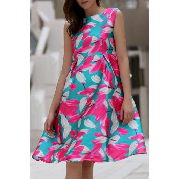 2017 Stylish Flower Print Slash Neck Sleeveless Dress For Women GREEN S ...