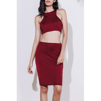 

Alluring Sleeveless Round Neck Solid Color Crop Top + High-Waisted Skirt Women' Twinset, Wine red