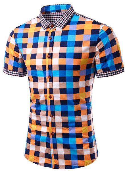 Fashion Turn Down Collar Splicing Vérifié Manches courtes T-shirt pour les hommes - Bleu XL