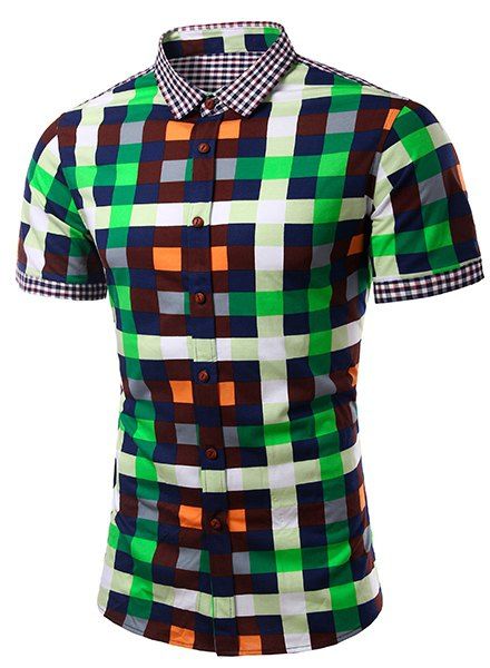 Fashion Turn Down Collar Splicing Checked Short Sleeves Shirt For Men - Vert S