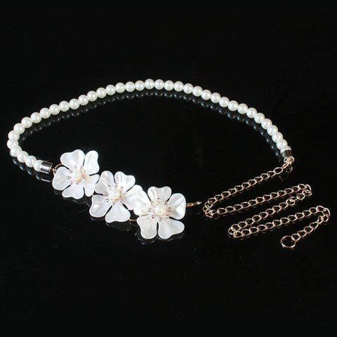 Chic Three Flowers Embellished Faux Pearl Women's Waist Chain - Blanc 