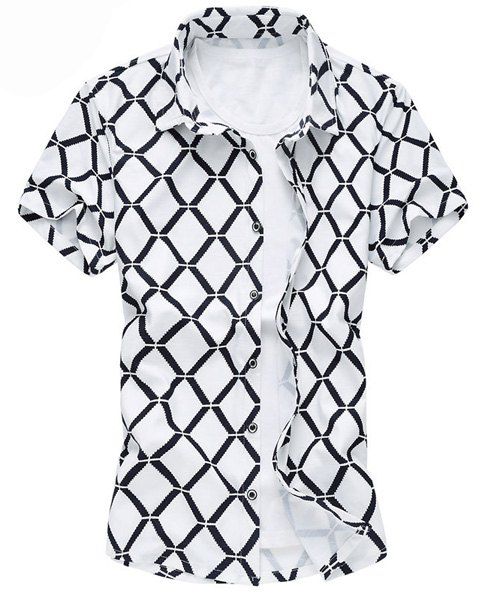 Plus Size Turn-Down Collar manches courtes Argyle Imprimer Men 's  Shirt - Blanc L