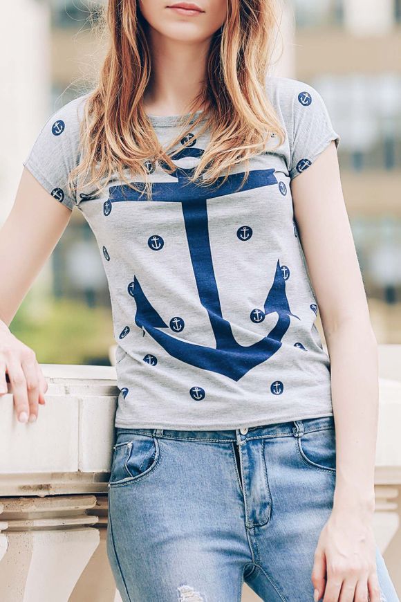 T-shirt Trendy à manches courtes avec encolure dégagée Anchor Imprimer Femmes - Gris XL