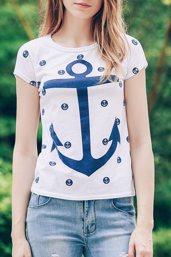 T-shirt Trendy à manches courtes avec encolure dégagée Anchor Imprimer Femmes - Blanc M