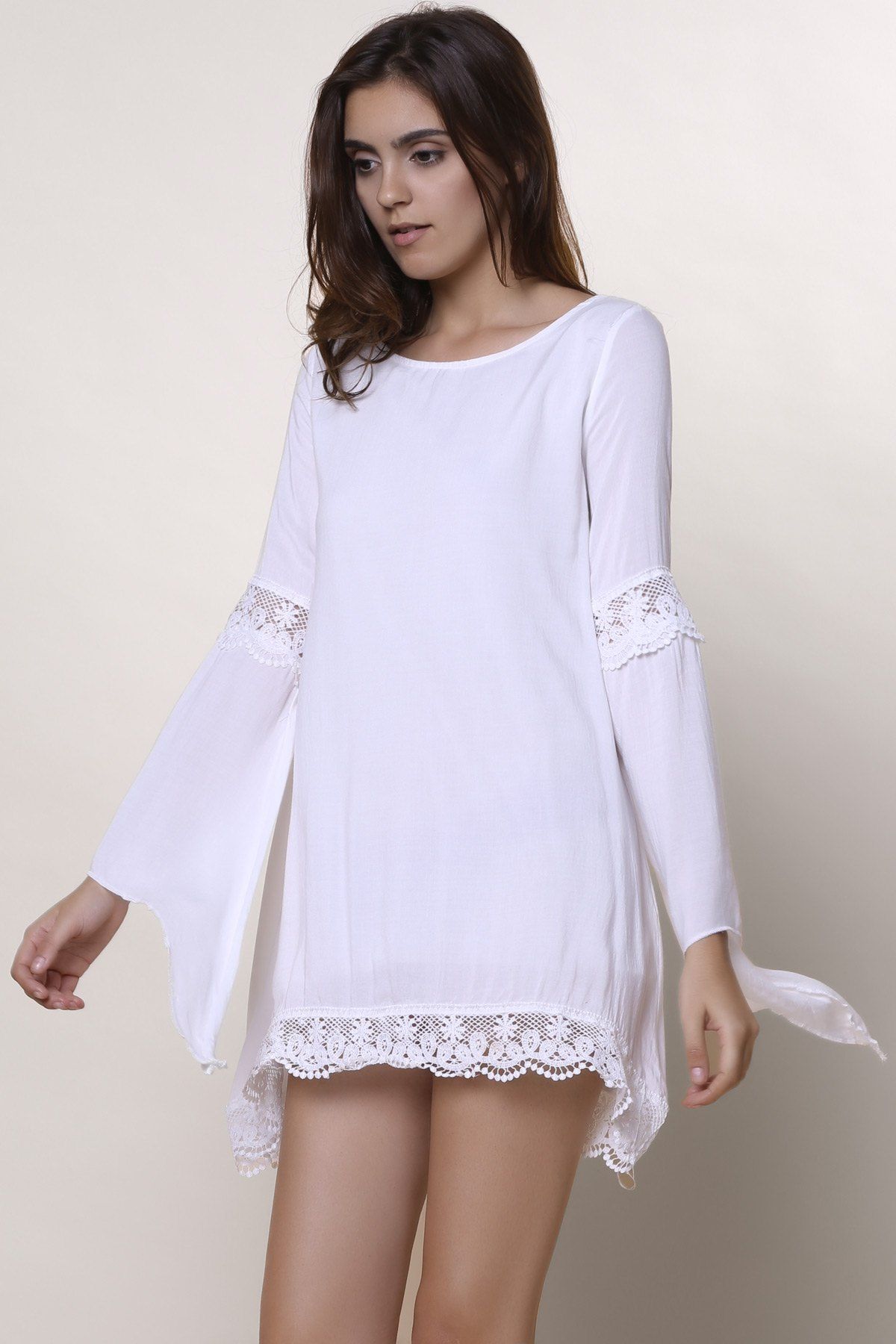 2018 Long Sleeve Shift Crochet Panel Dress WHITE S In Chiffon Dresses ...