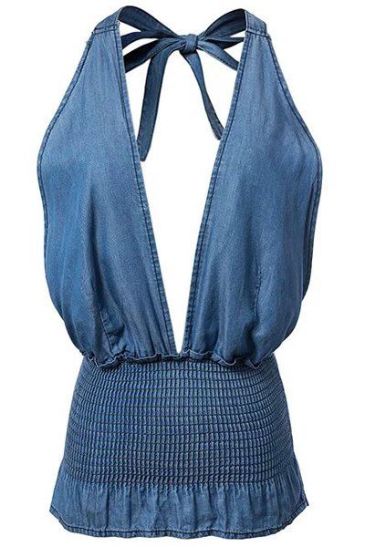 Halter Solid Color Denim Top de la mode Femmes - Bleu L