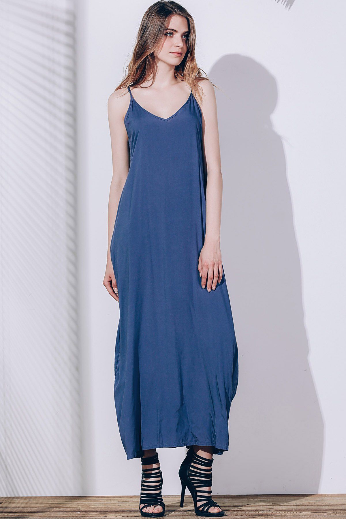 

Casual Spaghetti Strap Sleeveless Solid Color Loose-Fitting Women's Sun Dress, Purplish blue