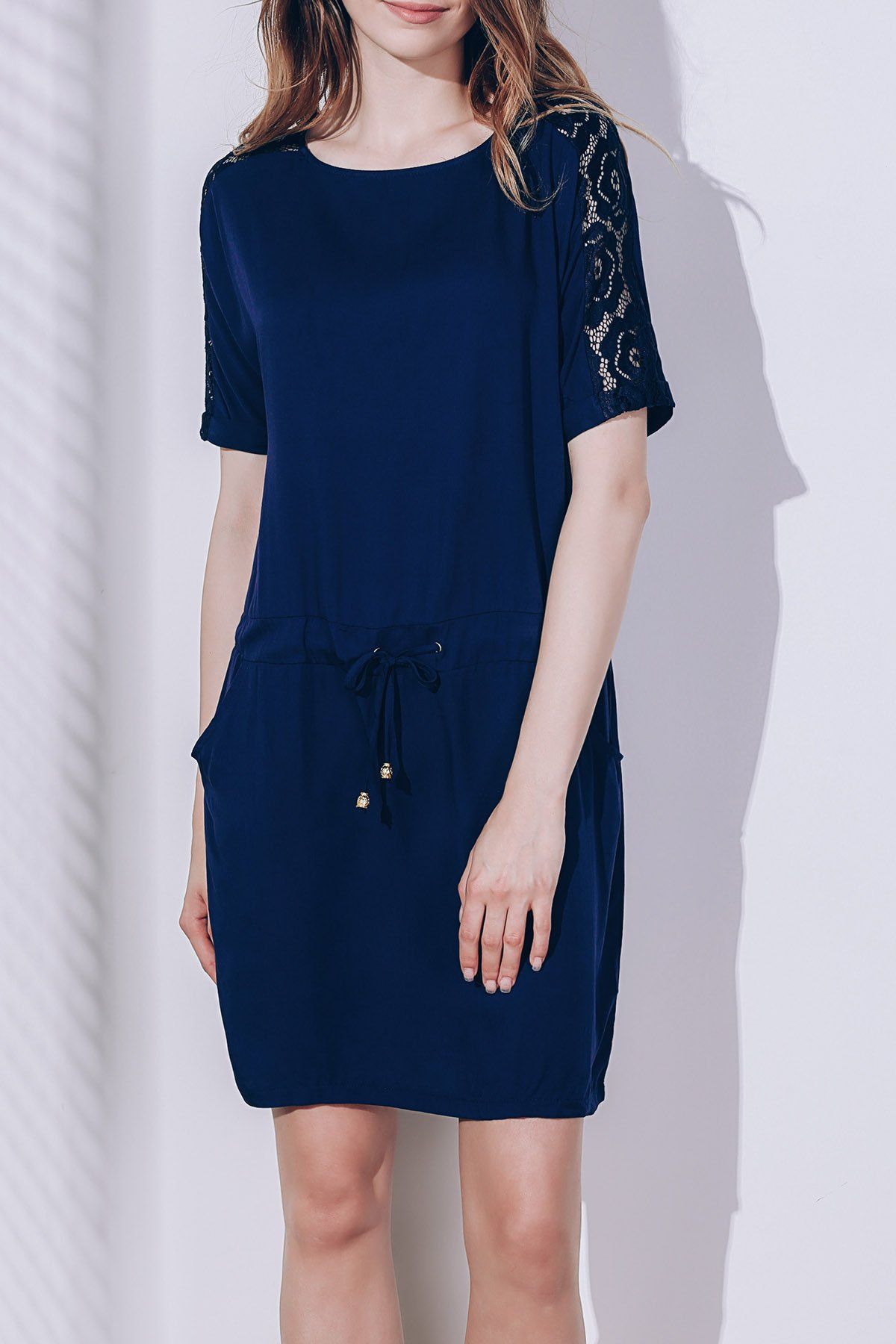 

Chic Short Sleeve Round Neck Lace Design Women's Dress, Purplish blue