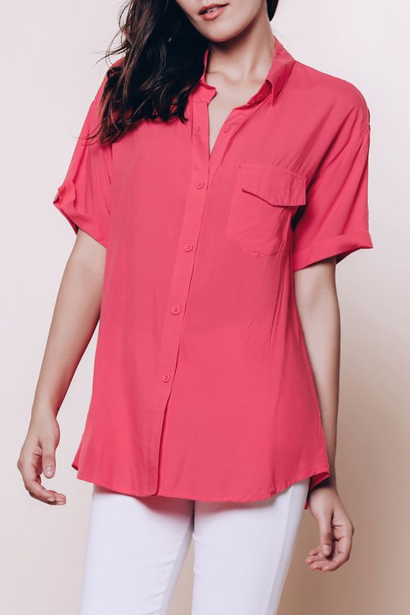 Chic Short Sleeve Pure Color Shirt For Women - Brique rouge M