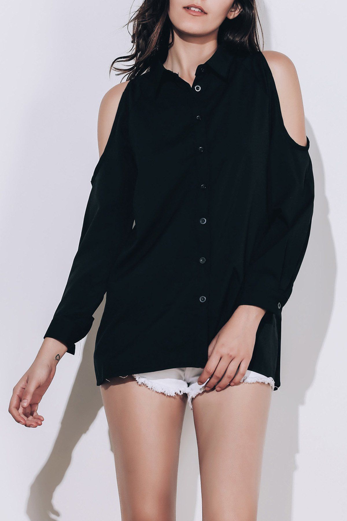 

Chic Black Polo Collar Long Sleeve Blouse For Women