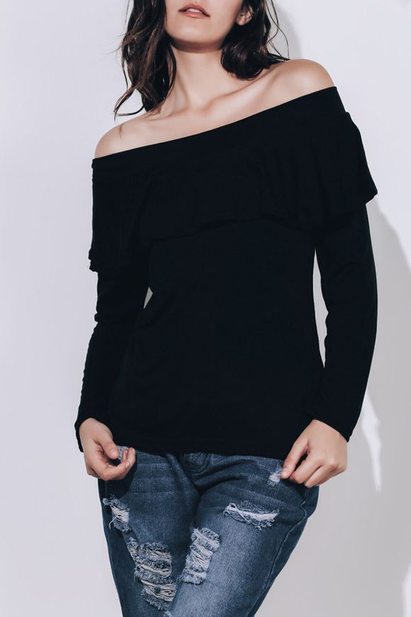 T-shirt Volanté Noir à Lanches Longues à épaules Dénudées Pour Femme - Noir 3XL