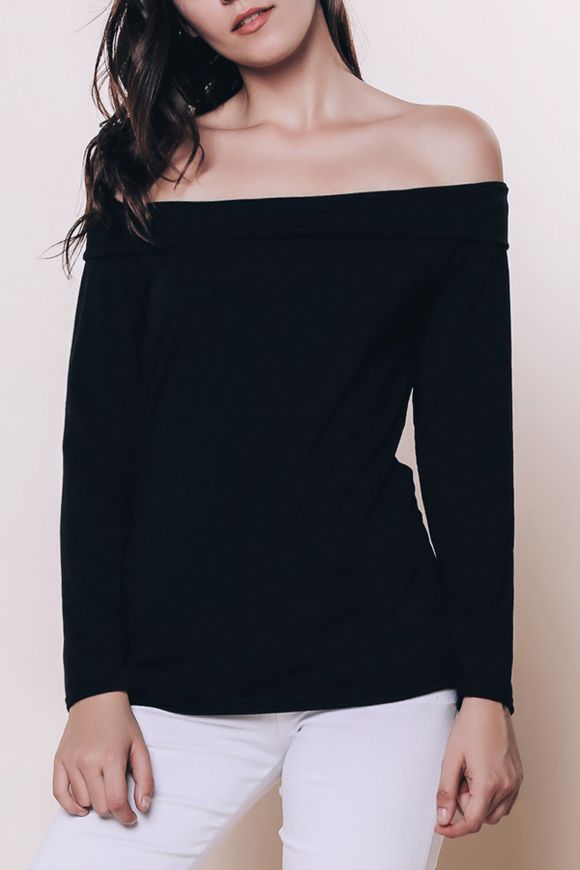 T-shirt Noir à épaules Dénudées à Manches Longues pour Femme - Noir L
